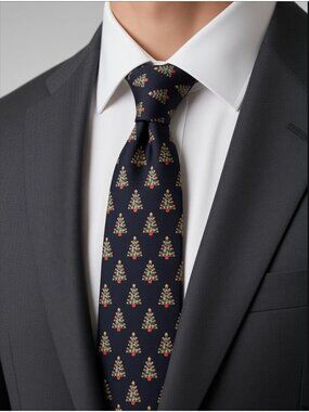 Holiday Traditions Christmas Tree Pattern Mens Tie Black Polyester Festive Offic